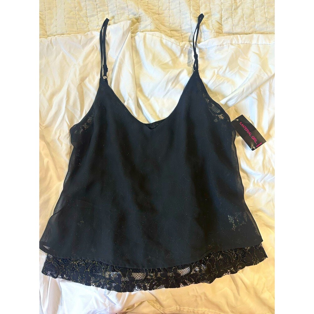 Women’s S Regular Black Floral Lace Tank Top Blouse Gold Details